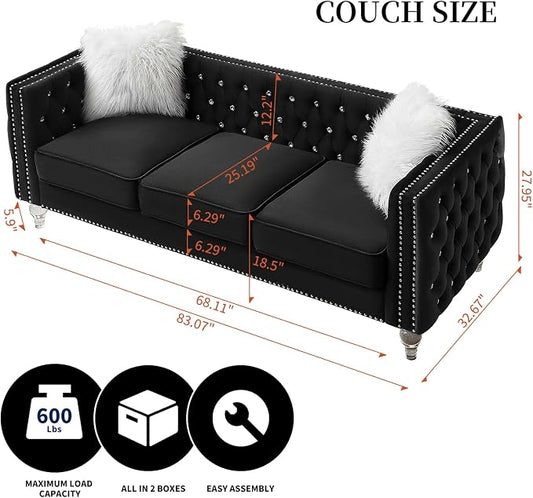 83" Chesterfield Sofa, Velvet Mid-Century Modern Upholstered Couch with 2 Throw Pillows and Acrylic Legs, Nailhead Button Tufted Vintage Sofa for Living Room, Apartment, Office, Black