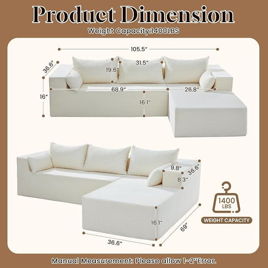 106" Cloud Sectional Boneless Couches for Living Room, Modular L Shaped Couch with Deep Seat Oversized Right Facing Chaise, Memory Foam Compressed Spineless 3 Seater Sofa for Apartment, Beige