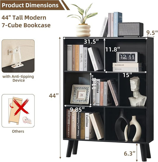 LEYAOYAO 7 Cube Black Bookshelf, 3 Tier Modern Bookcase with Legs, Wood Cubeicals Organizer Storage Open Shelves, Retro Display Book Shelf, Freestanding Short Book case for Bedroom,Living Room,Office