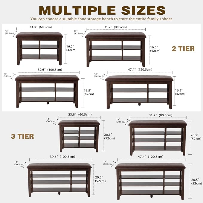 PY HOME & SPORTS Shoe Rack for Entryway 31.5": 2-Tier Shoe Storage Bench, Adjustable/Removable Shelves, Rubberwood Shoe Benches for Hallway, Porch, Bathroom, Brown