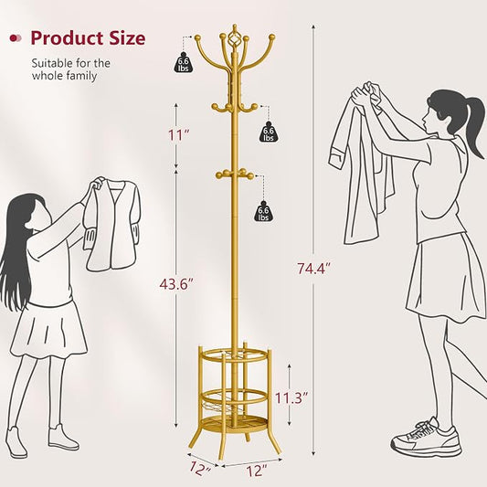Tajsoon Coat Tree with Umbrella Holder, Coat Rack Freestanding, Coat Hangers Stand with 16 Hooks, Standing Coat Rack for Living Room, Bedroom, Office, Gold