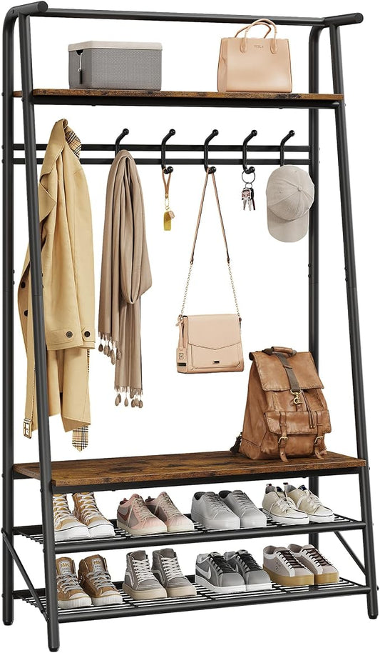 MDF Hall Tree with Bench, 4-in-1 Entryway Coat Rack with Storage Shelf & Shoe Organizer, Sturdy Freestanding Furniture for Living Room, Bedroom, Mudroom