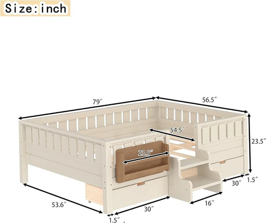 Bellemave Full Kids Montessori Bed with Stairs, Bookshelf and Drawers, Solid Wood Kids Bed Frame with Storage for Boys Girls, Low Profile,Beige