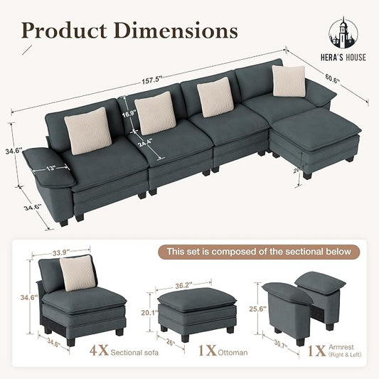 HERA'S HOUSE 158" Oversized Modular Sectional Sofa, Comfy L Shaped Couches for Living Room, Cloud Couch with Ottoman, 5-Seater Deep Seat Sofa with Throw Pillow, Chenille Blue