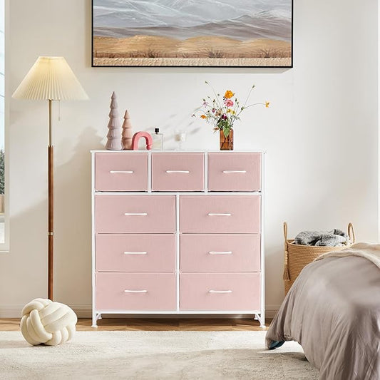 DUMOS 9 Drawer Dresser for Bedroom, Storage Organizer Chest of Drawers | Fabric Bins Storage Tower with Sturdy Metal Frame, Wood Tabletop for Closet, Pink