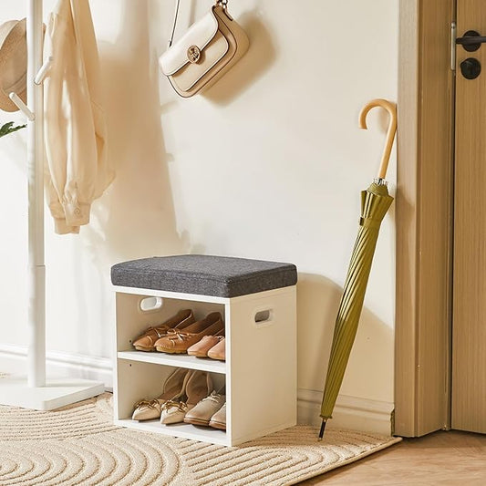 YMYNY Shoe Storage Bench with Cushion, 2 Tier Shoe Rack with Padded Seat, Adjustable Shoe Organizer Cabinet for Entryway, Living Room, Hallway, Closet, Bedroom, 15.4L*11W*16.54H, White, UHBD028W