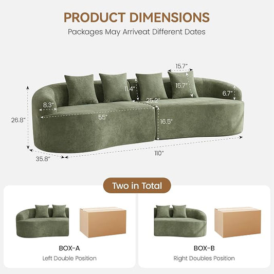 110" Boneless 4 Seater Sofa Couch, Modern Oversized Curved Cloud Sofa, Chenille 4-Seater Deep Seat Sectional Couches for Living Room, No Assembly, Green