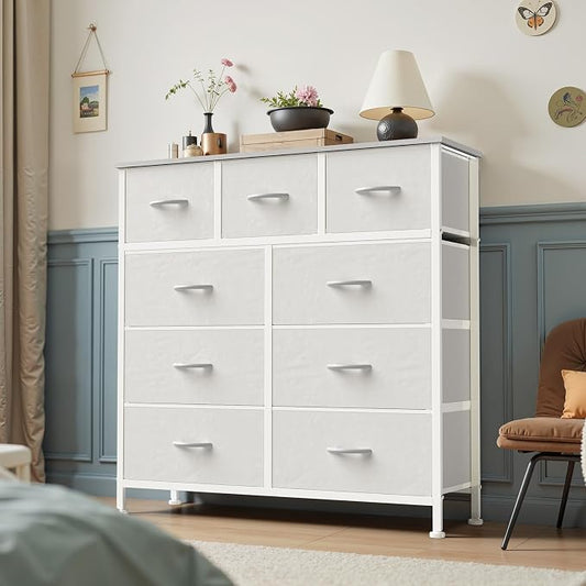 OLIXIS 9 Drawer Storage Dresser with Wood Top - Wide Fabric Chest Organizer for Bedroom, Closet, Living Room,Tower Cabinet, TV Stand, Hallway Entryway Furniture,White