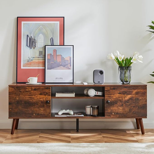Sweetcrispy TV Stand for 55 60 inch TV, Modern Mid Century Entertainment Center with Storage, Media Console Table 2 Cabinet, Soft Hinge, Handle Door, Wooden Living Room, Office Furniture, Rustic Brown