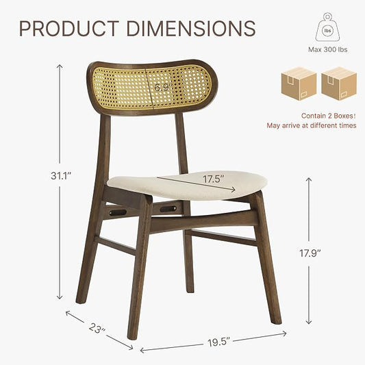 KISLOT Rattan Dining Chairs Set of 4, Upholstered Modern Dining Room Chairs, Mid Century Oak Wood Kitchen Chairs with Rattan Backrest for Farmhouse, Restaurant, Café (Cream Fabric & Walnut Color)