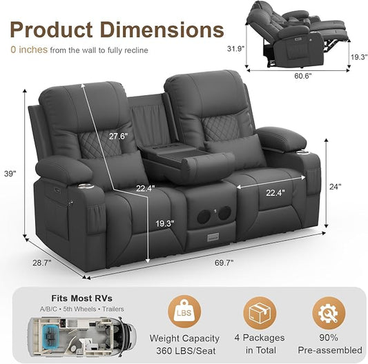 Power RV Loveseat Recliner Sofa, Reclining Loveseat with Flip Back Console, Home Theater Seating with USB Ports, Cup Holders, Wall Hugger Recliners for Movie Room, Gray