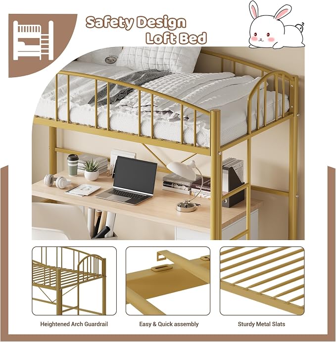 GarveeHome Loft Bed Twin Size, Heavy Duty Metal Loft Bed Frame with Arched Guardrail and Safety Ladder, Space-Saving, No Box Spring Needed, Modern Gold