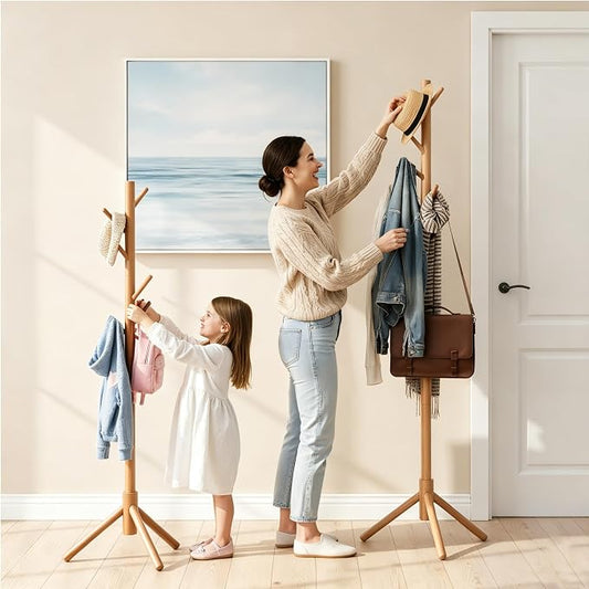 2 PC Wooden Coat Rack Freestanding with 8 Hooks & 3 Adjustable Sizes for Clothes, Space-Saving Design for Bedroom Office Entrance Holds Hats Coats Scarves Bags