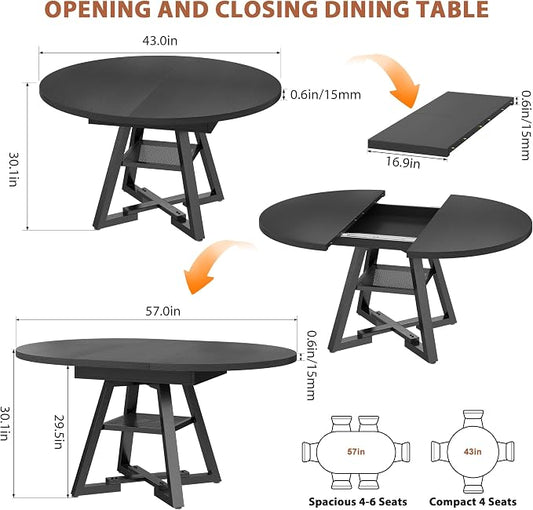 Expandable Kitchen Dining Table for 4-6, Oval Round Dining Table with Storage Shelf and Removable Extension Leaf, Space Saving Pedestal Table for Dining Room, Modern Industrial Style (Black)