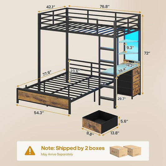 ADORNEVE Twin Over Full Bunk Bed with Desk, Bunk Beds Twin Over Full Size with Charging Station & Led Lights, Storage Drawers & Shelves, Loft Bed with Safety Guardrail & Ladder for Kids/Teens, Black