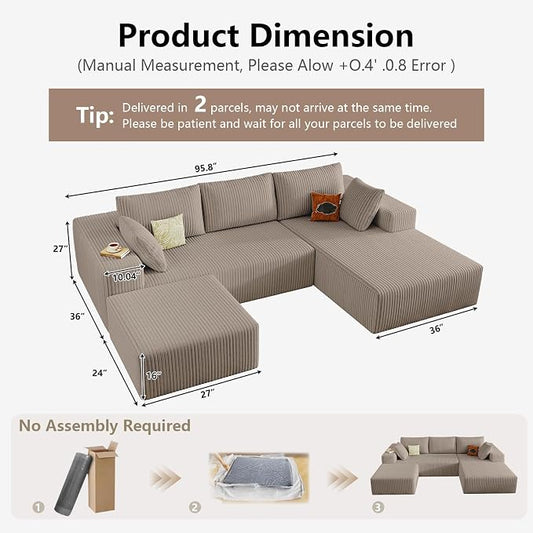 95" Cloud Sectional Couch U-Shaped Chaise with Ottoman, Corduroy Boneless Couch for Living Room Bedroom, Deep-Seat Upholstered Modular Cloud Sofa, No Assembly Required (Camel, Right Facing Chaise)
