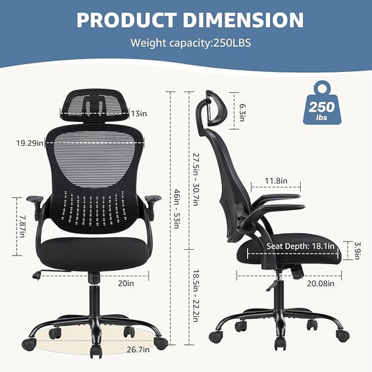 DUMOS Ergonomic Office Chair – High Back Mesh Computer Chair with Lumbar Support, Headrest, Flip-up Arms, and Swivel Wheels – Comfortable Gaming & Desk Chair for Home Bedroom Office,Black