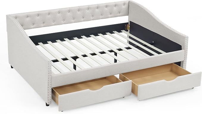 KEIKI Full Size Upholstery Daybed with 2 Drawers and Headboard, Mid-Century Style Tufted Sofa Bed with Button on Back, Easy Assembly, No Box Spring Required, for Living Room and Bedroom, Beige