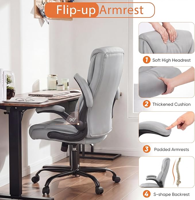 Sweetcrispy Office Computer Gaming Chair, Ergonomic High Back Heavy Duty Task Desk Chairs with Wheels, Flip-up Arms, Adjustable Height, PU Leather, Grey