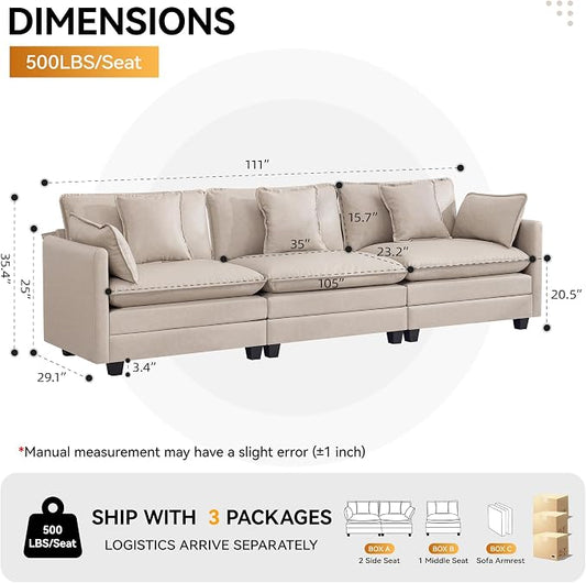 111'' Sectional Cloud Deep Seat Couch, Modern Comfy Leather Modular Sectional Sofa for Living Room Set, Upholstered Modular 3-Seats Sofa Couch, Leather Beige