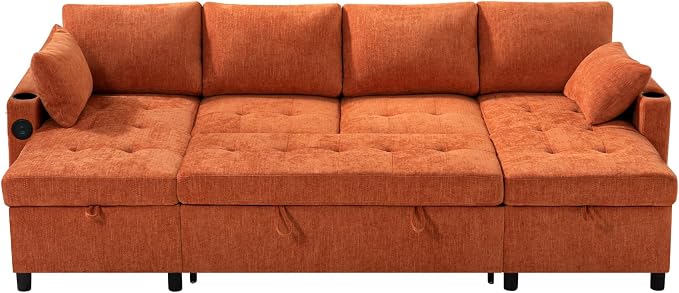 110" Chenille Pull-Out Couch Bed w/Adjustable Backrests, Orange | Sectional Sleeper Sofa w/USB Ports & 2 Cup Holders, Upholstered U-Shaped Couch w/Storage Chaise for Living Room, House