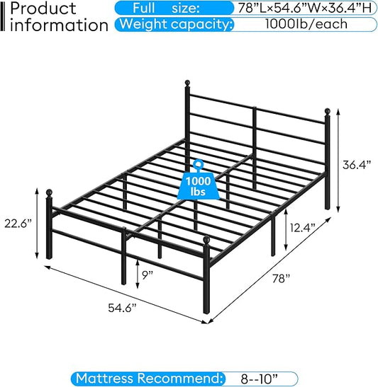 Full Size Bed Frame with Headboard - Metal Platform Bed with LED Lights, Charging Station, Under Bed Storage and Heavy Duty Steel Slats Support - No Box Spring Needed, Easy Assembly, Black