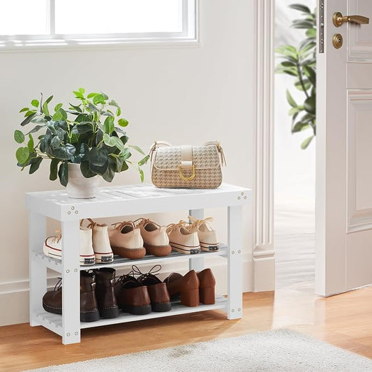 Pipishell Bamboo Shoe Rack Bench, 3-Tier Sturdy Shoe Organizer, Storage Shoe Bench, Holds up to 300lbs for Entryway Bedroom Living Room Balcony (White)