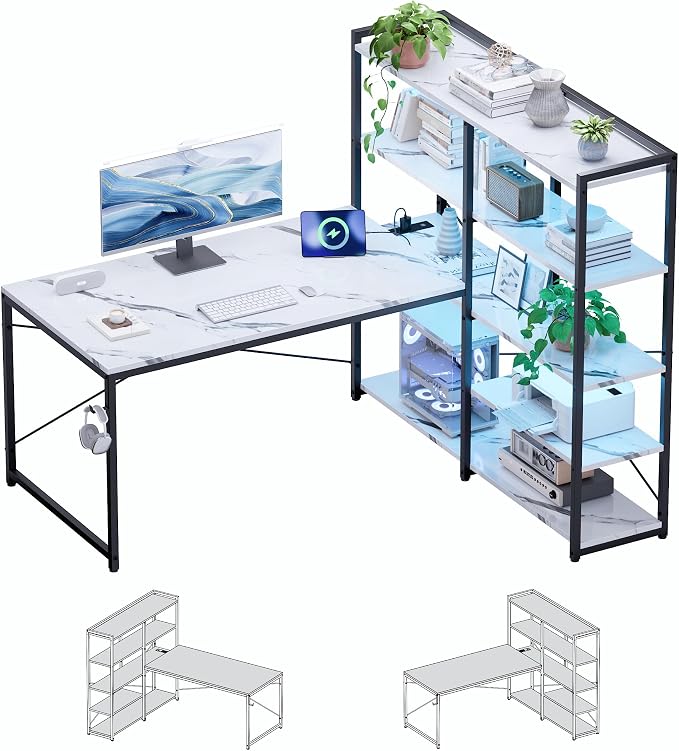 Pamray 49 Inch L Shaped Gaming Computer Desk with Shelves and Storage | Compact Reversible Design with LED Lights & Power Outlets, Suitable for Home Office Bedroom Small Spaces and Dorm Study Work