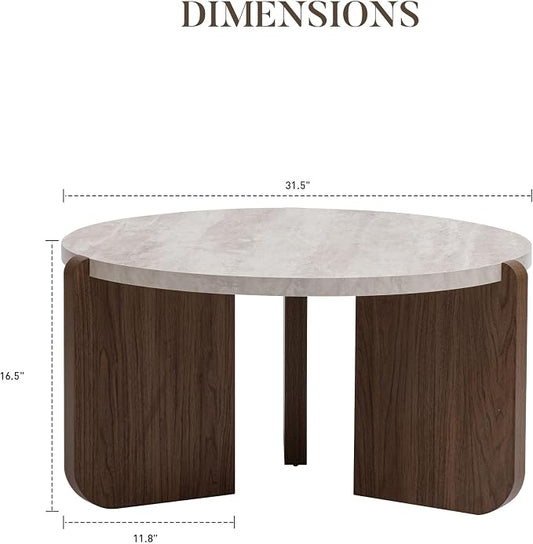 COSIEST 31.5" Round Coffee Table, Faux Marble Tabletop with Walnut Wood Grain Legs, Modern Minimalist Center Table for Living Room, Waterproof & Easy Assembly, Off-White
