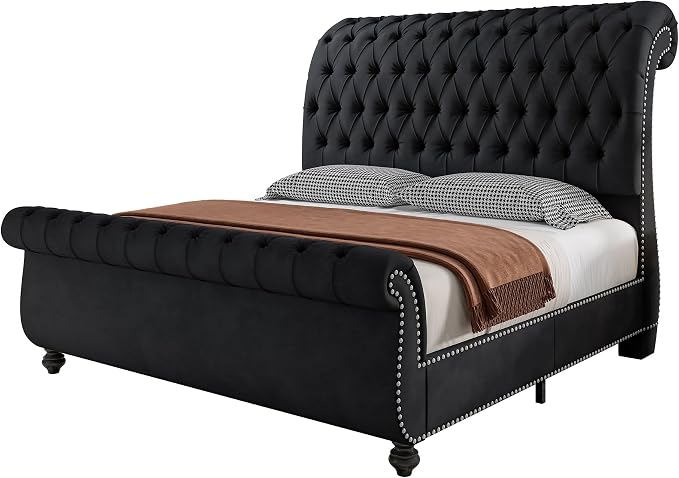 AMERLIFE 55" Tall Sleigh Bed Frame with Scroll Headboard & Footboard, Velvet Upholstered Platform Bed with Deep Button Tufted, Solid Wood Legs, No Box Spring Needed, Black, California King