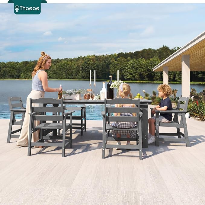 THOEOE 5 Piece Outdoor Dining Set, Patio Dining Table and 4 Chairs, All-Aluminum Frame, All-Weather HDPE Outdoor Furniture with Umbrella Hole for Garden, Lawn, Poolside, Grey