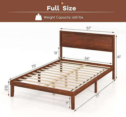 KOMFOTT Full Size Wood Bed Frame with Headboard, Solid Acacia Wood Platform Bed Frame, Wooden Slats Supported Bed Base with Under-Bed Storage Space, No Box Spring Needed Mattress Foundation