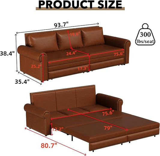 93.7" King Pull Out Sofa Bed, Faux Leather Sleeper Sofa Couch, 3 in 1 Convertible Futon Couches for Living Room, Small Space, Apartment, Office, Bedroom, Modern Rivet Armrest, Light Brown