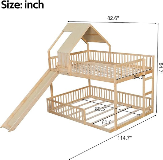 SOFTSEA House Bunk Bed with Slide, Full XL Over Queen Wood Floor Bunk Bed Frame with Roof, Guardrails and Ladder, Space-Saving, Natural
