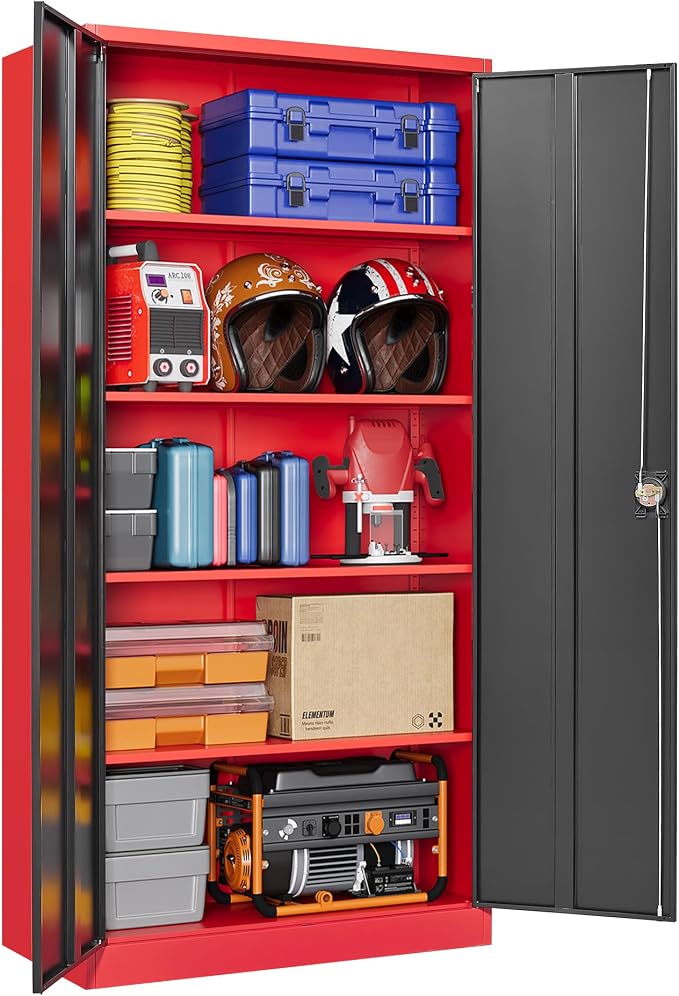 Letaya Metal Storage Cabinets with Lock, 71" Tall Locker Organizer Steel Cabinets, Adjustable Shelves 2 Doors for Home, Office, Warehouse,Garage,Industrial,Employee Lockers (Style B, Black Red)