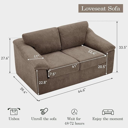 Boneless Loveseat Sofa, Modern Cloud Couch with Deep Seat, Thick Cushion and Curved Armrests, Upholstered Sofa for Living Room, No Assembly Required, Brown