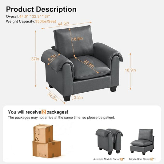 44.5" Faux Leather Single Sofa, Oversized Accent Chair with Curved Armrests, Cloud Modern Sofa Upholstered Deep Seat Reading Chair Armchair for Living Room, Bedroom,Grey
