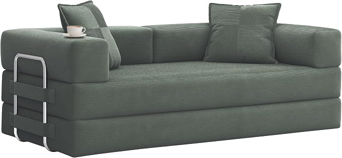 GRUSIGN 78 Inch Convertible Sofa Bed, 5-in-1 Futon Sofa Bed Pull Out Couch, Boneless Couch Bed for Living Room, Corduroy Boneless Couches for Bedroom, Apartment, No Assembly Sleeper Sofa Bed, Green