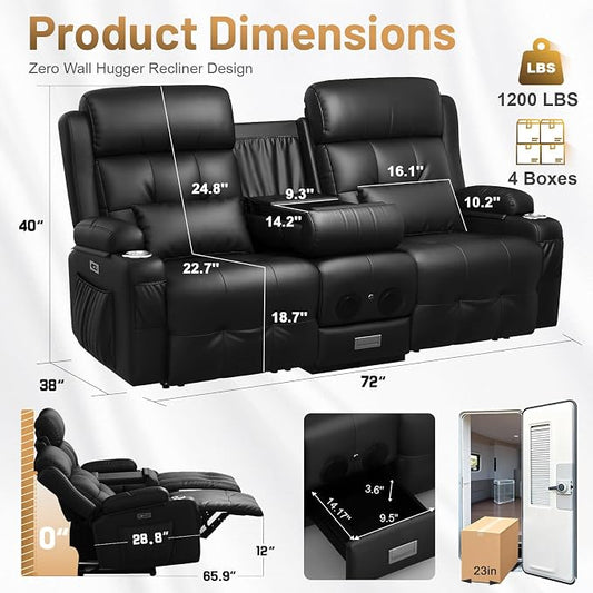 Power Loveseat Recliner Sofa, Home Theater Seating with Heat Massage, Reclining Loveseats with Flip Backrest, Wall Hugger RV Couch Movie Theater Chairs, RV Furniture Sofas with USB, for Gaming Room