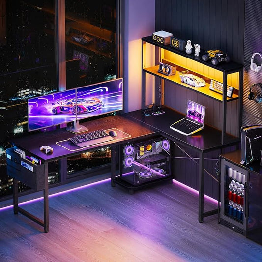 ODK 53 Inch L Shaped Gaming Desk with LED Lighting, Reversible Desk with Power Outlets, Cornor Computer Table with Storage Shelves & Bag & Iron Hook, Home Office Table for Writing, Study, Black