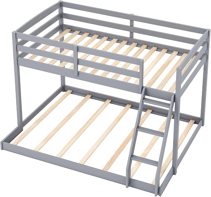 Giantex Twin Over Full Bunk Bed, Solid Wood Kids Bunk Bed with Full-Length Guardrails & Ladder, Low Bunk Beds with Slats Support for Kids, Teens, No Box Spring Needed, Grey