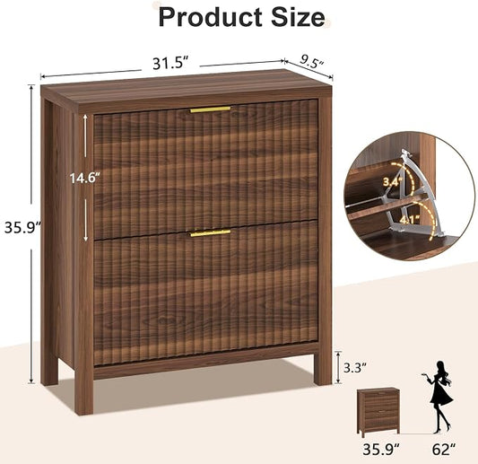YOMILUVE Shoe Cabinet Storage for Entryway, Fluted Shoe Cabinet with 2 Flip Drawers, Hidden Shoe Rack Tall Freestanding Shoe Organizer with Legs for Hallway, Walnut