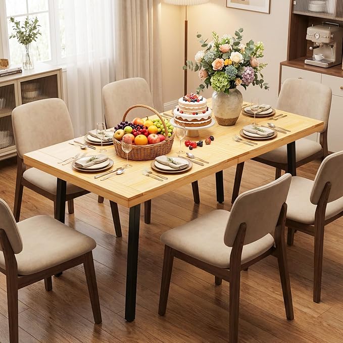 VINGLI 48 Inch Solid Wood Dining Table for 4-6, Oak Rectangular Kitchen Table with Waterproof Tabletop for Indoor & Outdoor Use, Pine Wood Dinner Table for Patio, Dining Room, Kitchen, Apartment