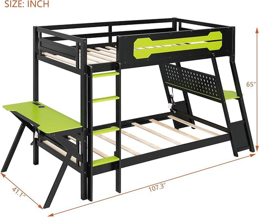 Merax Wooden Twin Over Twin Bunk Bed with 2 Side Desks, USB Desktop Ports and Pegboard Organizer, Gaming Bunk Bed for Gamer, Kids or Teens, No Box Spring Needed, Green