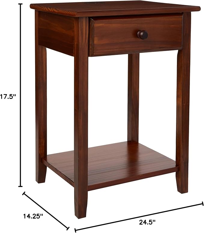 Casual Home Owl Night Stand with USB Port Charging Station and Drawer, 17.5"W x 14.25"D x 24.5"H, Warm Brown