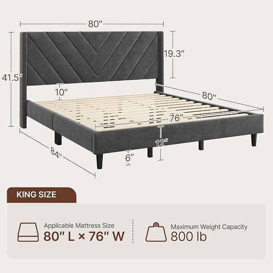 Yaheetech King Bed Frame Upholstered Platform Bed/Wooden Slat Support/Tufted Headboard with Wing Side/Mattress Foundation/No Box Spring Needed,Dark Gray King