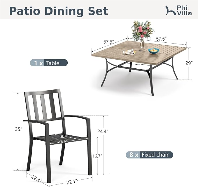 PHI VILLA 9 Pieces Outdoor Dining Set for 8, 57.5” Brown Wood-Like Square Metal Steel Table with Umbrella Hole & Stackable Wrought Iron Chairs, Large Outside Furniture for Patio, Deck, Yard, Porch