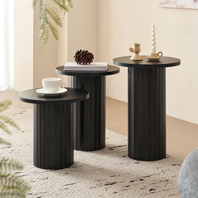 3-Piece Nesting Coffee Table Set, Modern Small Round Wood Side Tables, Fluted Drum Base, for Living Room Bedroom Apartment Small Space, Black