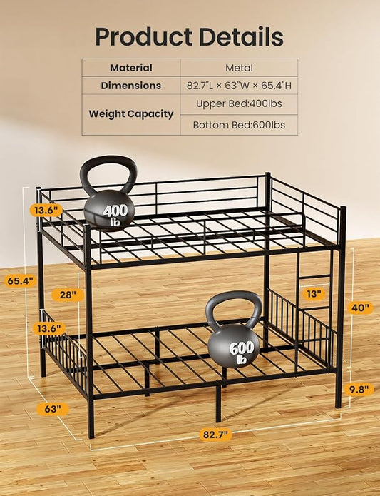 Mixcous Queen Over Queen Bunk Bed, Heavy-Duty Bed Frame with Safety Guardrails, Built-in PVC Rubber Cover Anti-Slip Ladder, Metal Bunk Bed, Noise Reduced, Black