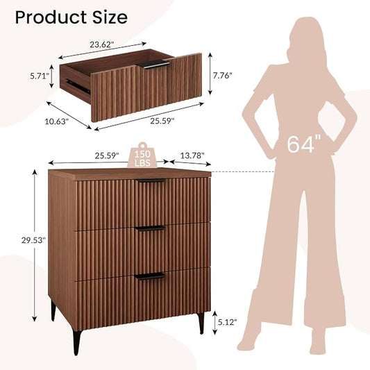 25.6"W Fluted Nightstand with 3 Drawer, Mid-century Modern Wood Night Stands Bedside Table for Bedroom King/Queen Bed, End Table with Robot-friendly Legs for Living Room,Entry (3 Drawers-1pcs-Walnut)